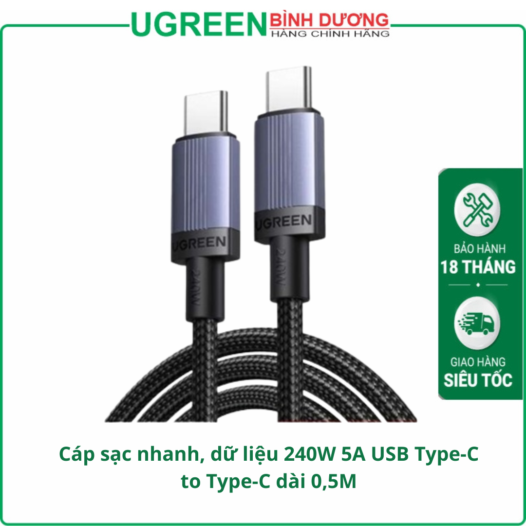 Cáp sạc nhanh, dữ liệu 240W 5A USB Type-C to Type-C dài 0,5M Ugreen 65906 cao cấp (bọc dù)