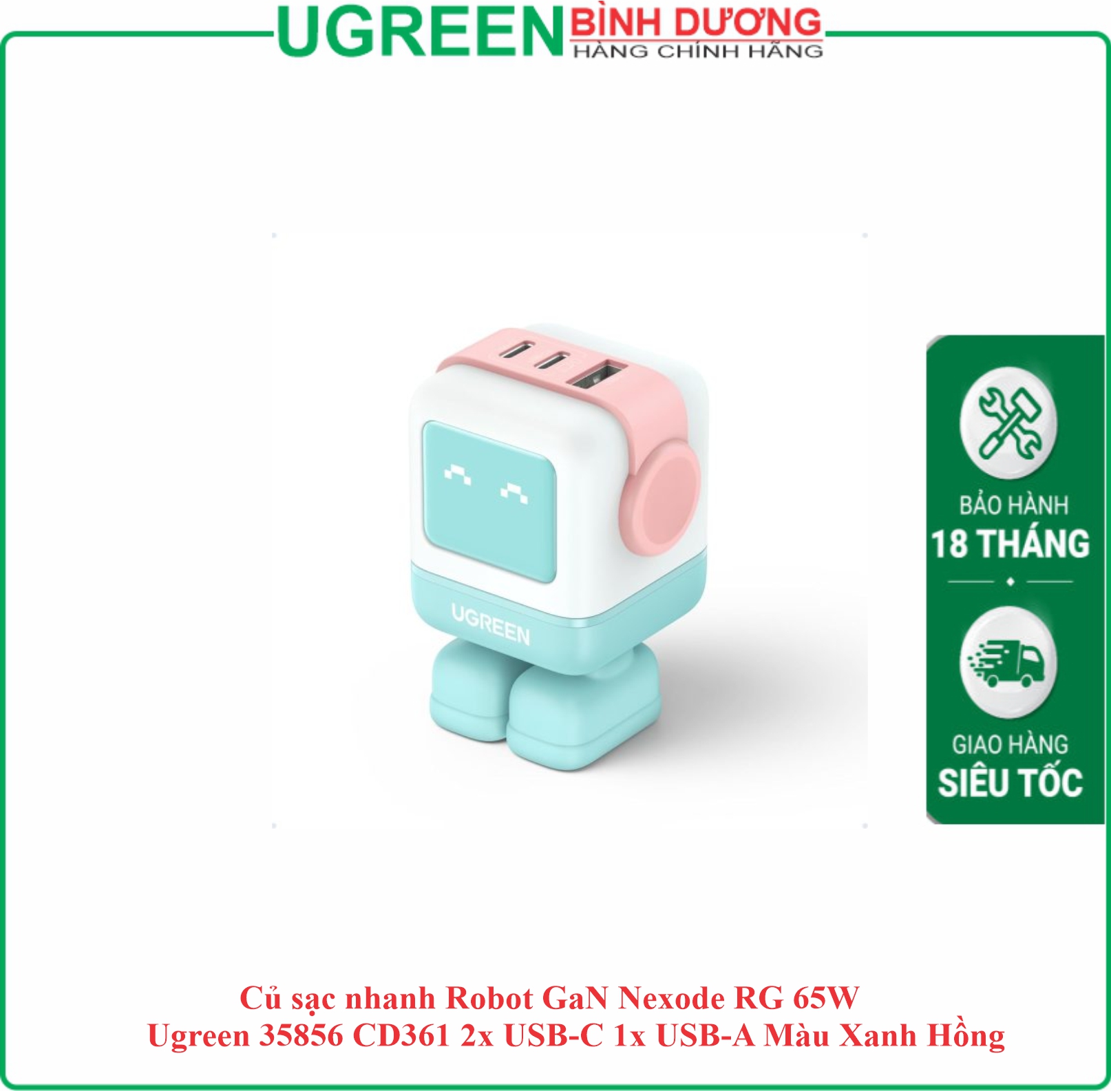 Củ Sạc Nhanh Robot 2 cổng Type-C và 1 USB GaN 65W màu xanh pha hồng Ugreen (35856)
