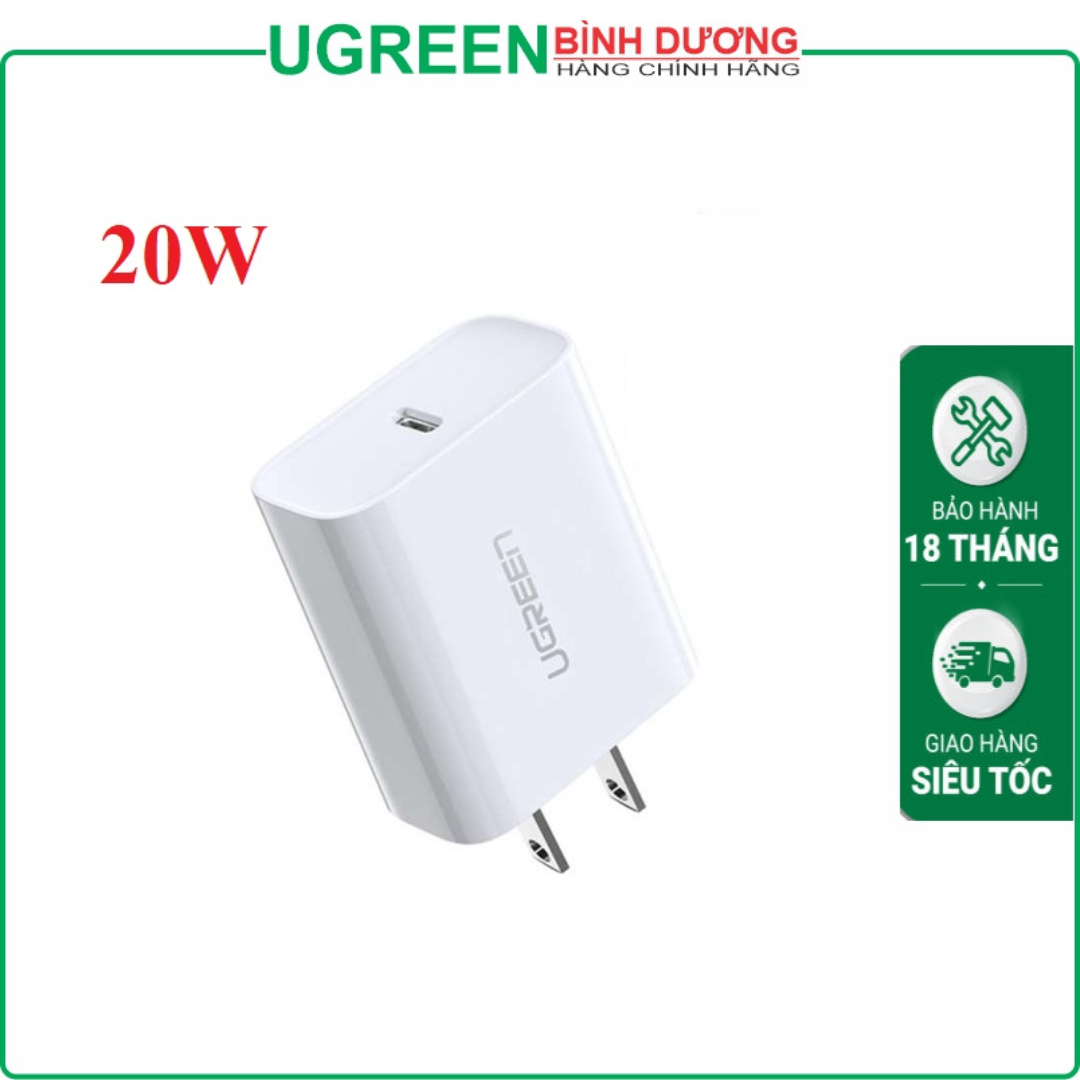 Củ sạc Nhanh UGREEN 60449 - 20W - Chuẩn USB-C - Hỗ trợ sạc nhanh PD QC 4.0 / 3.0 - Nhựa ABS - Màu trắng - Chân cắm US