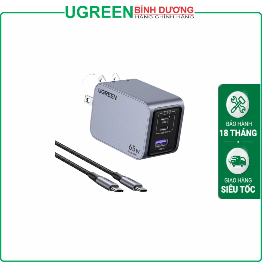 Củ sạc nhanh 3 cổng GaN Nexode Pro 65W cắm tường Ugreen 25870 cao cấp (US Plug)