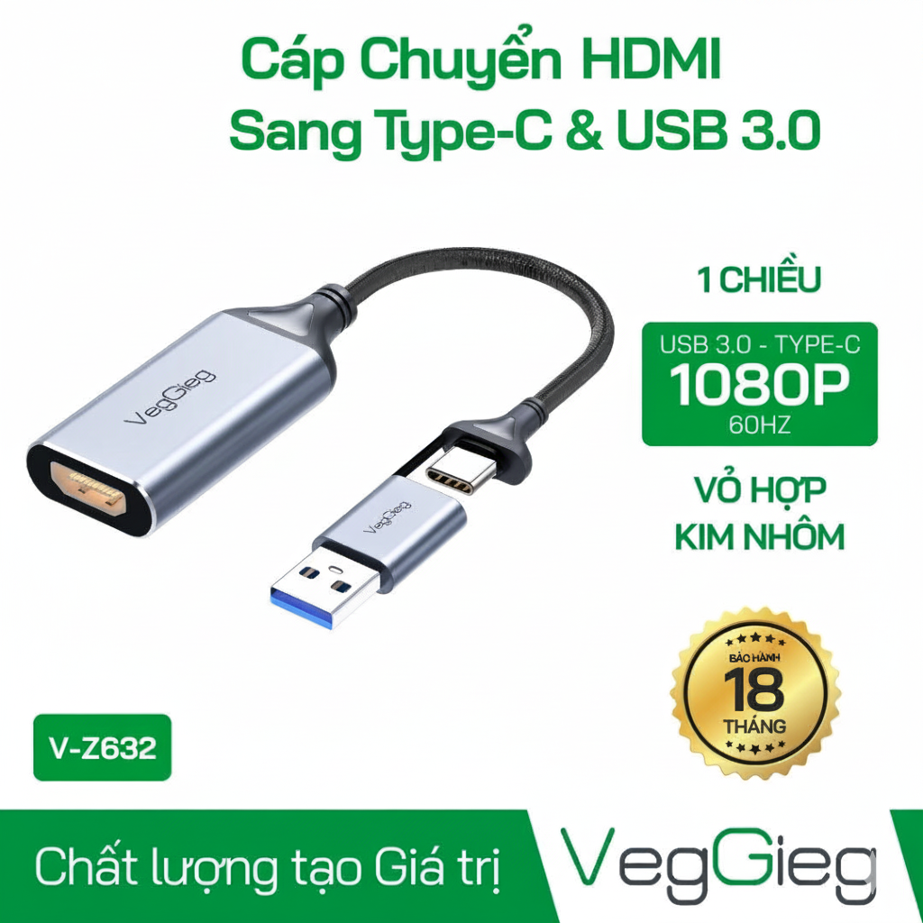 Đầu Chuyển Đổi 1 Chiều HDMI to Type-C & Usb 3.0 (Dài 15Cm Ghi hình Capture & livestream) V-Z632 Veggieg