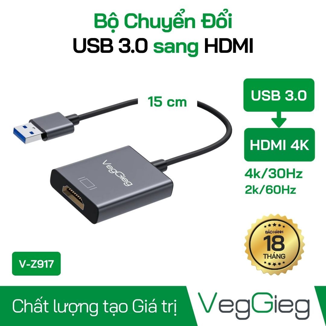 Đầu chuyển Đổi USB to HDMI (USB 3.0 Dài 15Cm) V-Z917 Veggieg