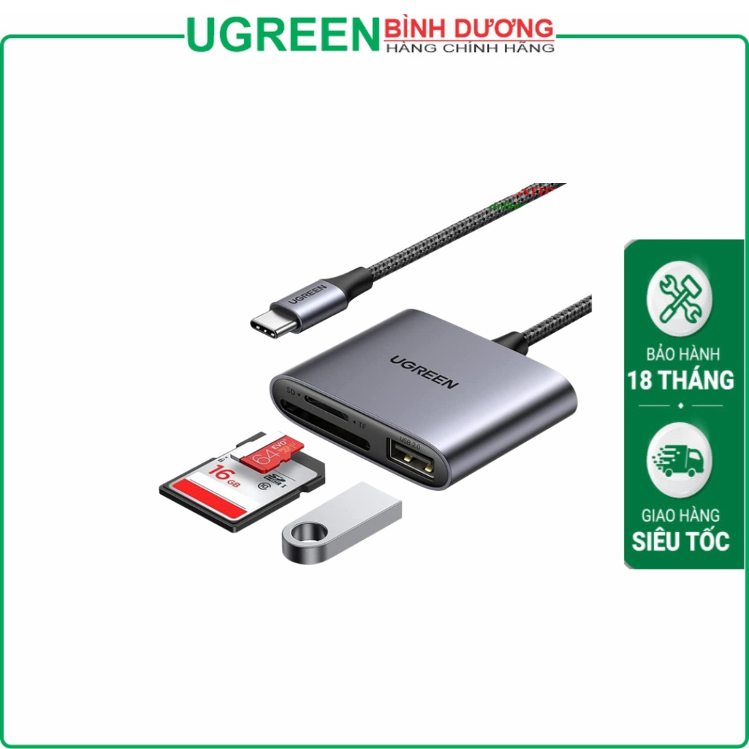 Đầu đọc thẻ SD/TF kèm OTG chuẩn USB Type-C Ugreen 80798 vỏ nhôm cao cấp