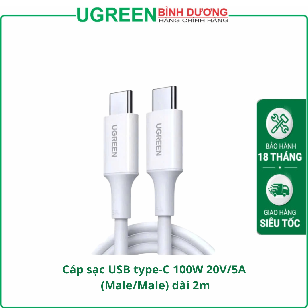 Dây USB Type C to USB C Ugreen 60552 US300 (Sạc nhanh 5A PD100W QC 4.0,dài 2M, Male-Male)