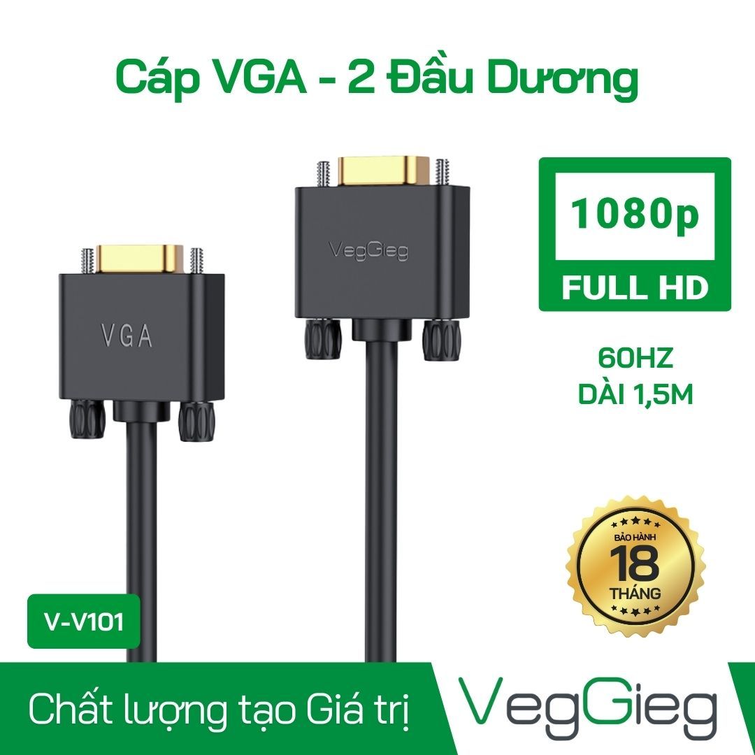 Dây Cáp VGA dài 1.5m 2 đầu dương FHD V-V101 Veggieg