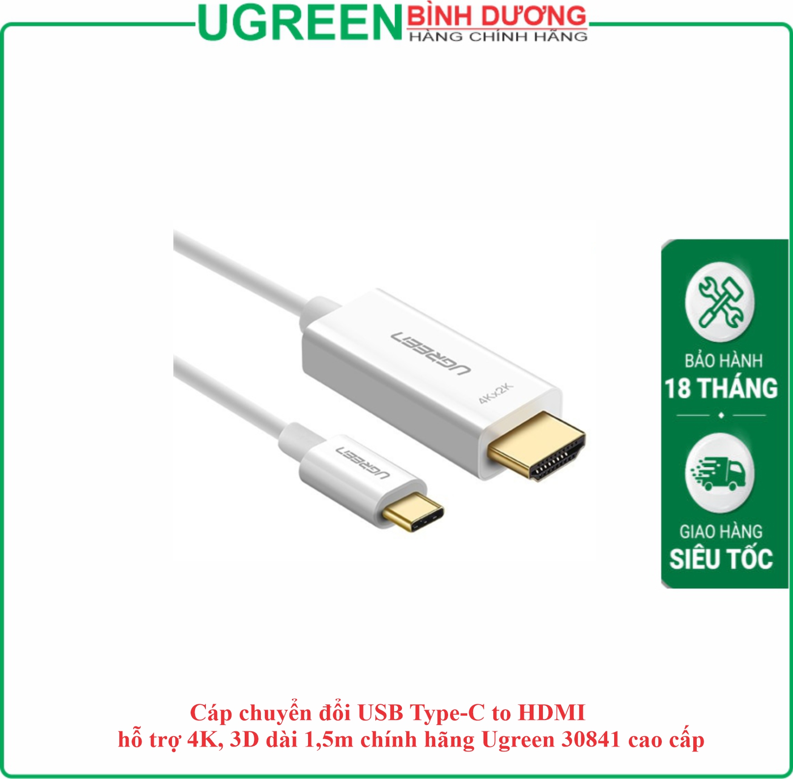 Cáp chuyển đổi Type-C To HDMI 4K dài 1.5M màu trắng Ugreen (30841)
