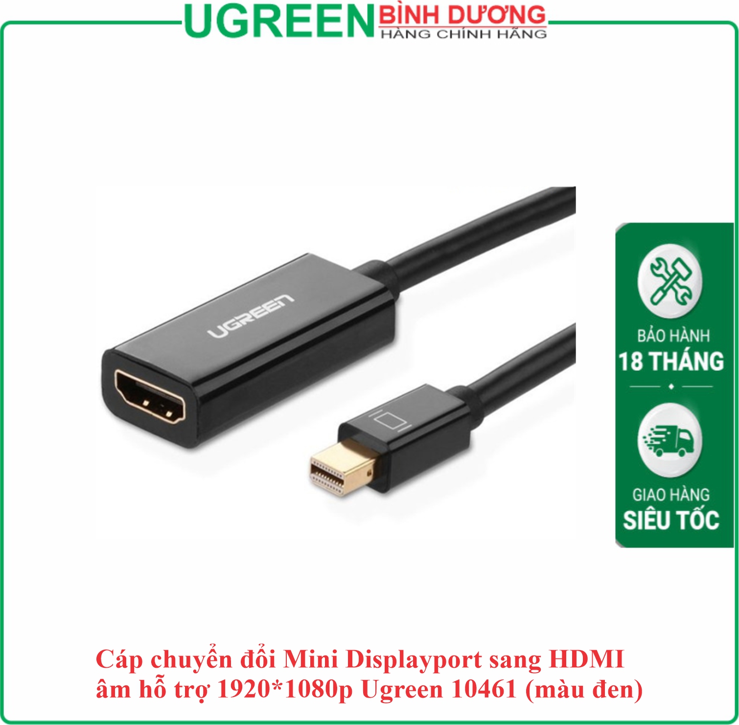 Dây chuyển đổi có chipset mini DisplayPort sang HDMI màu đen, dài 18cm Ugreen (10461)