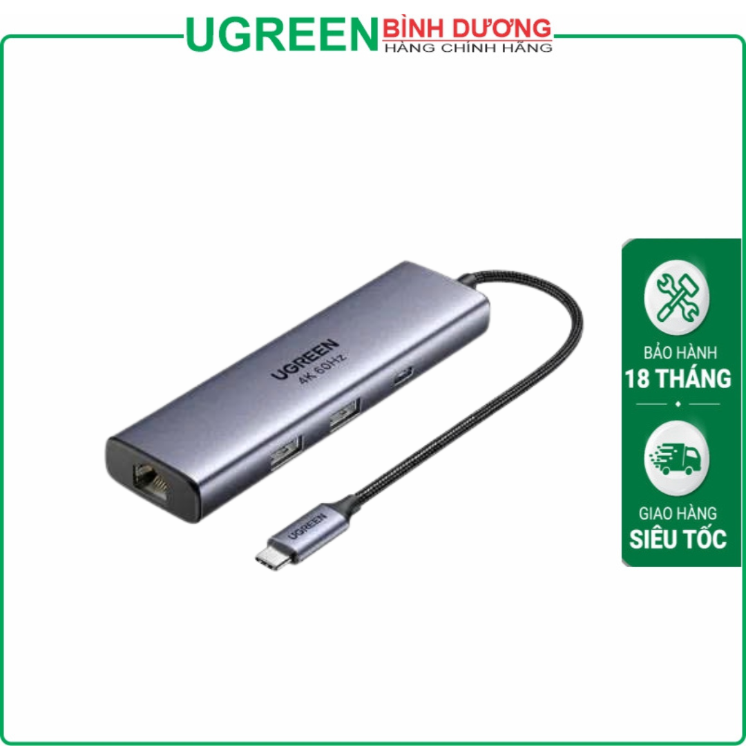 Hub 6 in 1 USB-C sang DP, USB 3.0 x3, Lan Gigabit, sạc PD 100W hỗ trợ 4K/60Hz Ugreen 75643 cao cấp