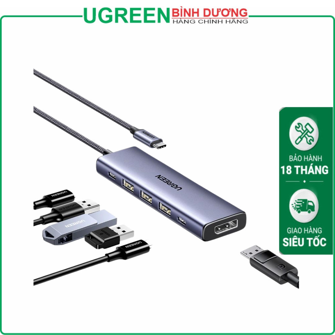 Hub 6 in 1 USB-C sang Displayport, USB-A 3.0 x3, USB-C x1, sạc PD 100W hỗ trợ 4K/60Hz Ugreen 75642
