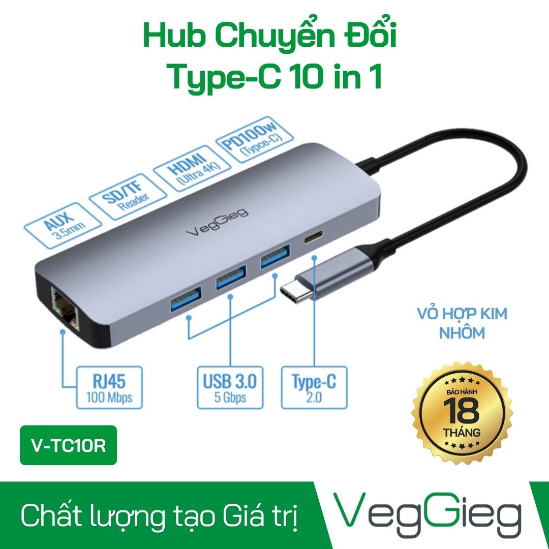 Hub chuyển đổi Type-C to HDMI 2.0 4K/60Hz + Lan 100Mb + 3 USB 3.0 + 2 PD 100W + Type-c 2.0 + Audio + SD/TF (10-In-1) V-TC10R Veggieg