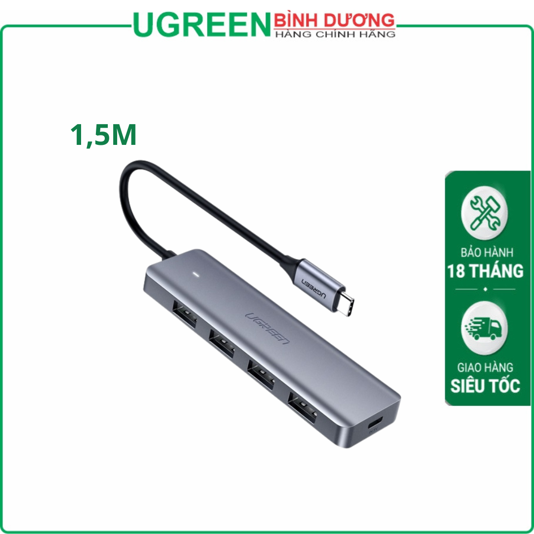 Hub chuyển đổi Type-C to USB 4 Cổng 3.0 Hỗ trợ OTG / Cổng nguồn phụ dài 25cm Ugreen (70336)