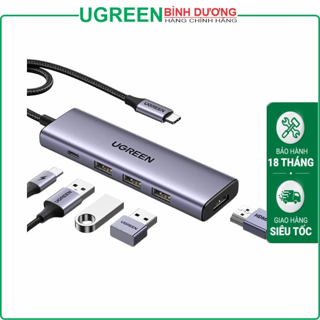 Hub chuyển đổi Type-c To HDMI 4K@30Hz + 3 Cổng USB + 1 Cổng sạc PD 100W (5-In-1) Ugreen 15596