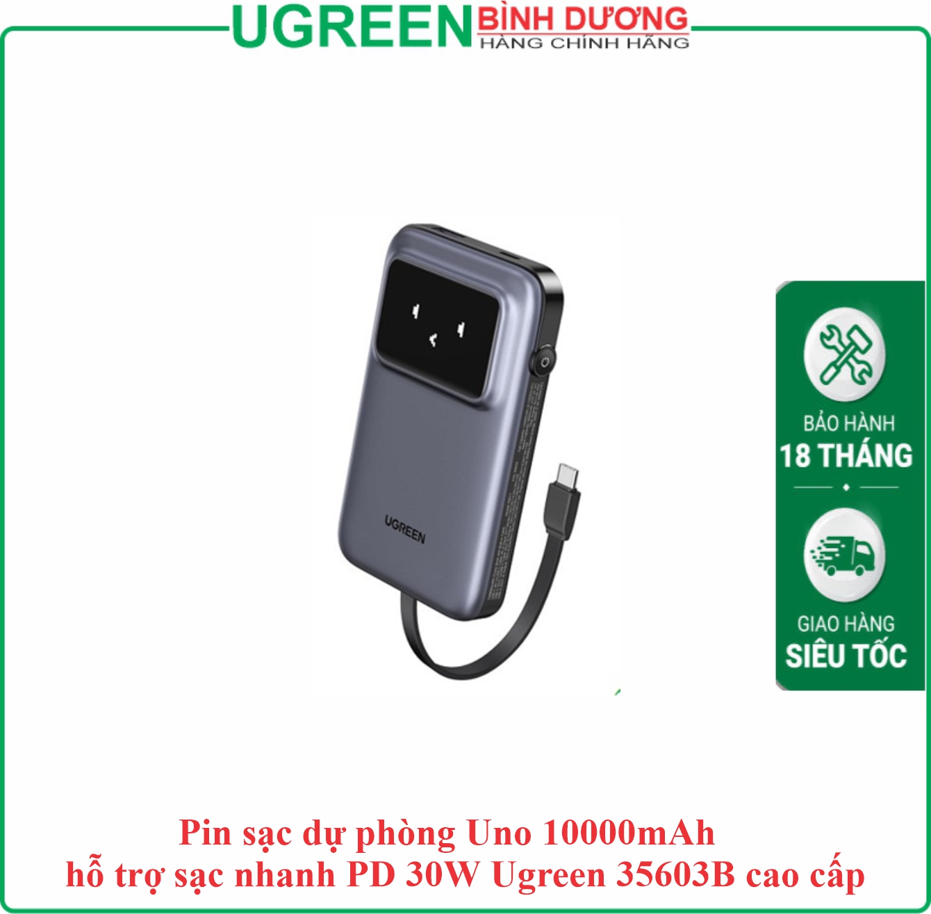 Pin sạc dự phòng 10.000mAh sạc nhanh 30W 3 cổng (1 Usb/1 Type-C/1 Cáp Type-C Liền pin) màu xám Ugreen Uno (35603B)