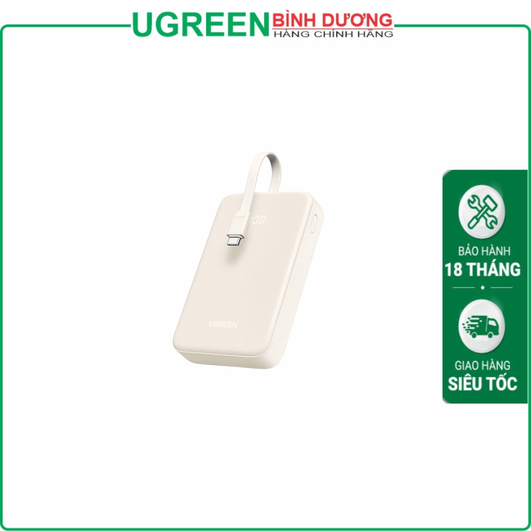 Pin sạc dự phòng 20000mAh tích hợp cáp sạc Ugreen PB505 – Cáp USB-C tích hợp, Sạc nhanh PD 20W + QC 22.5W, Màn hình LED