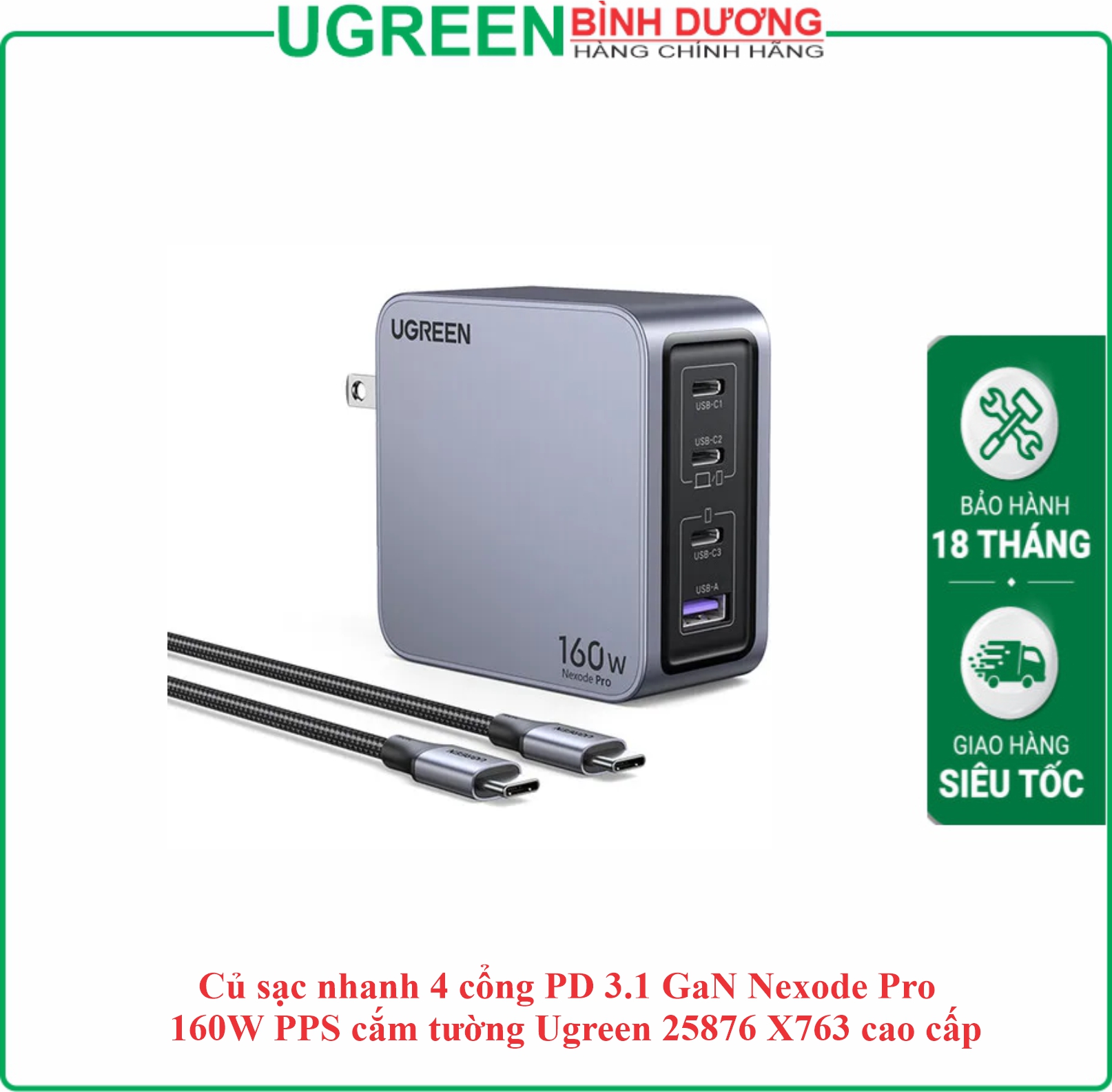 Củ Sạc Nhanh Nexode sạc điện thoại & laptop 3 cổng Type-C và 1 USB 160W màu đen Ugreen (25876)