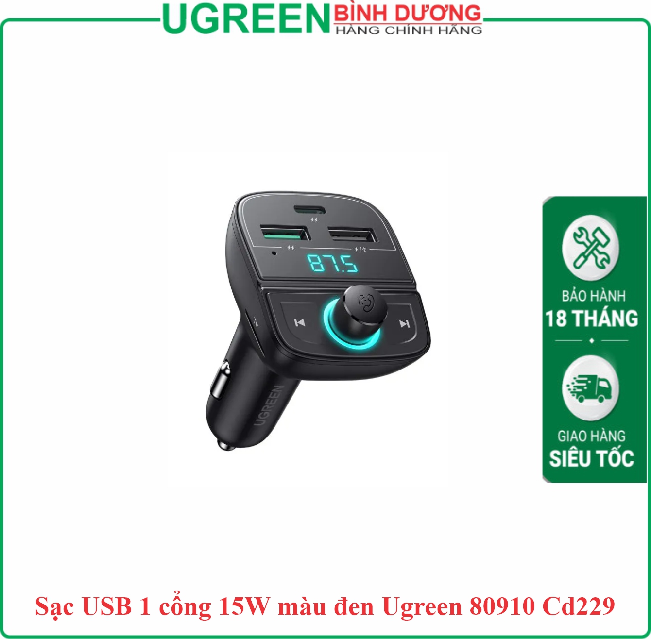 Tẩu Sạc xe hơi 1 cổng USB & 1 Cổng Type-C Bluetooth 5.0 + Khe cắm thẻ nhớ Sạc Nhanh 31.5W Ugreen (80910)