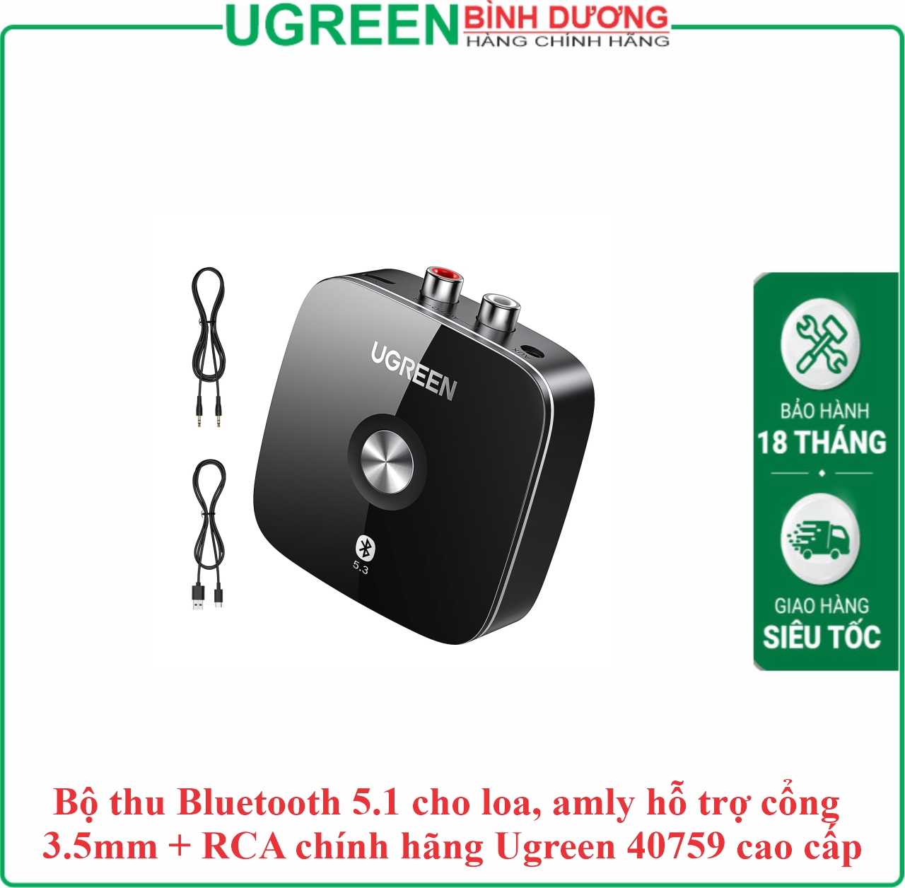 Thiết bị nhận Bluetooth 5.1 10mW hỗ trợ APTX đầu ra 3.5mm và bông sen RCA Ugreen (40759)