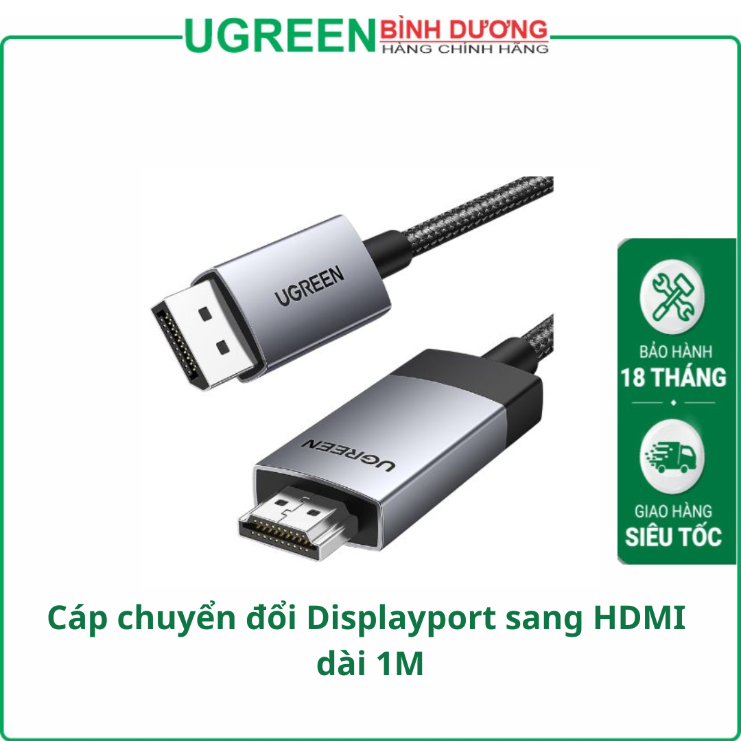 Ugreen 15773 Cáp chuyển đổi Displayport sang HDMI dài 1M hỗ trợ 4K60Hz, 2K144Hz 1080p240Hz