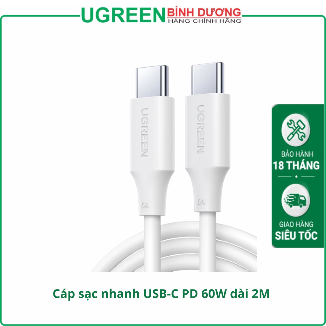 Ugreen 35219 2m 60w màu trắng charging cable USB-C to type c Cáp truyền dữ liệu giữa máy tính và điện thoại