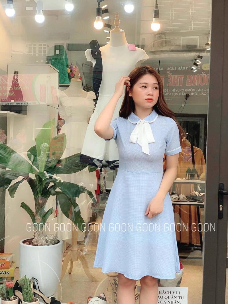 Dress Vintage Nơ Kẻ Xanh S