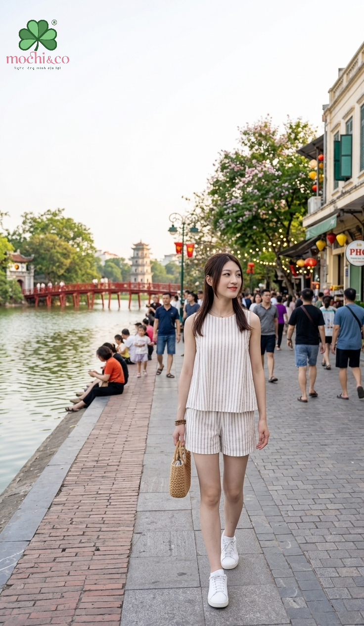 Bộ Quần Áo sát nách kẻ sọc màu hồng Mộc Hạ