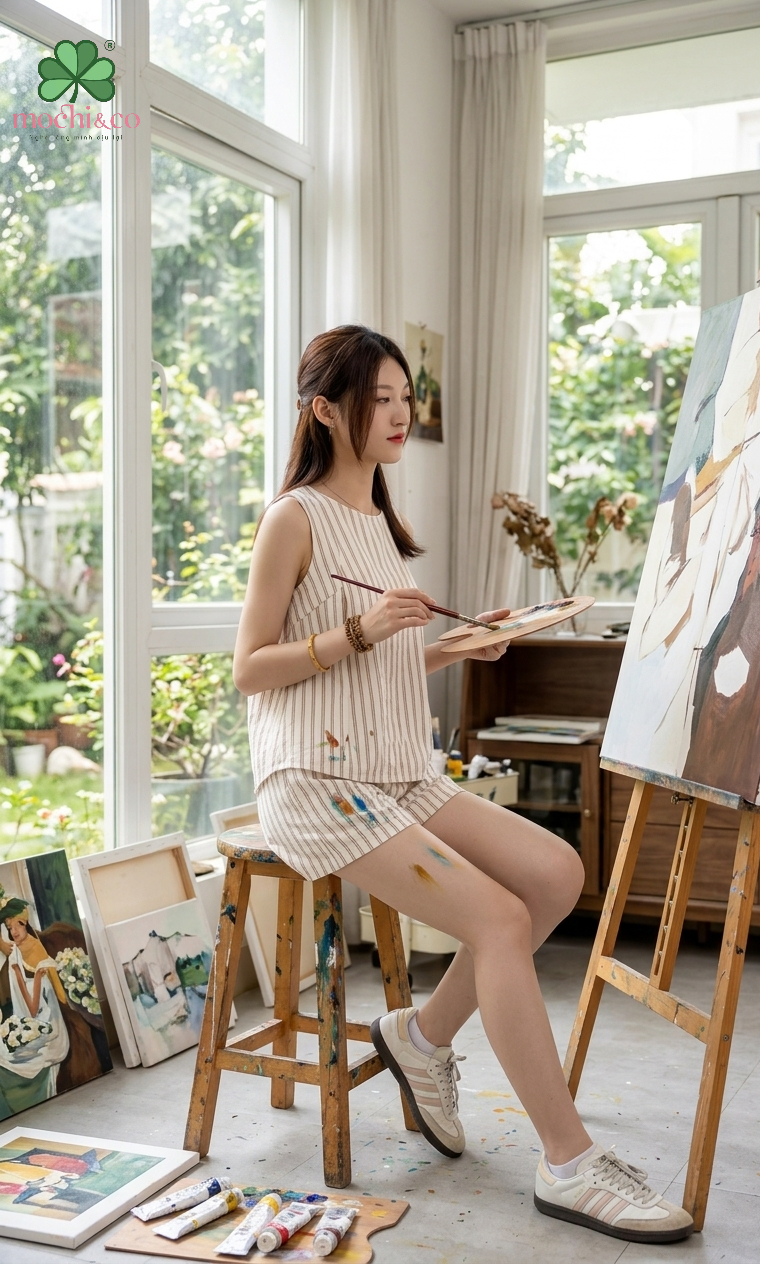 Bộ Quần Áo sát nách kẻ sọc màu hồng Mộc Hạ