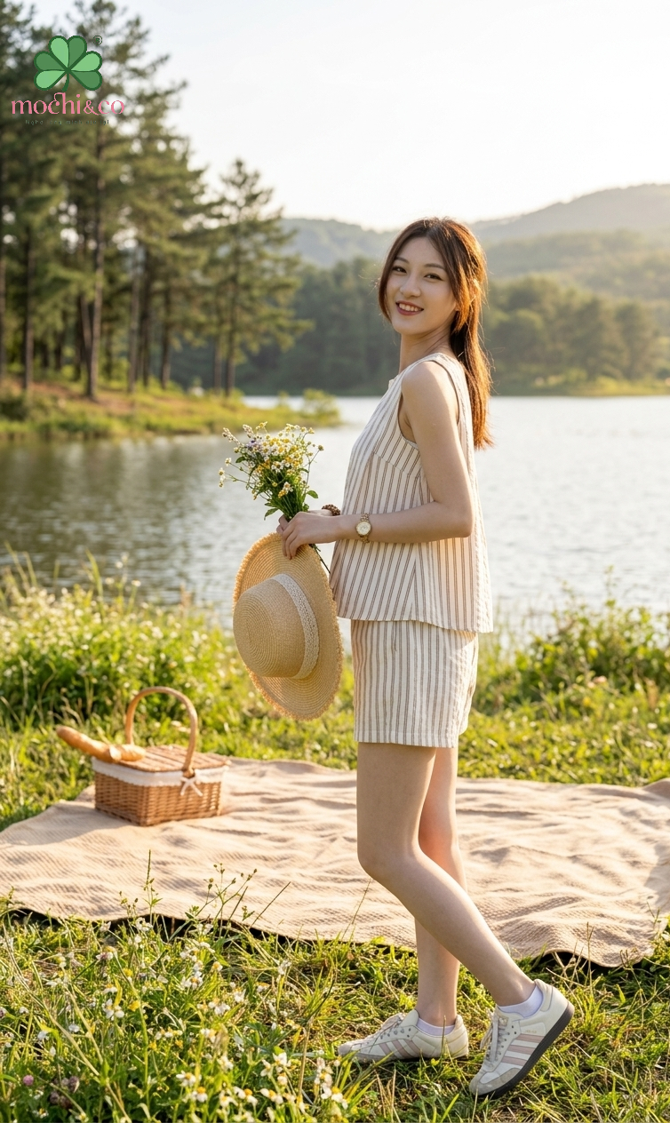 Bộ Quần Áo sát nách kẻ sọc màu hồng Mộc Hạ