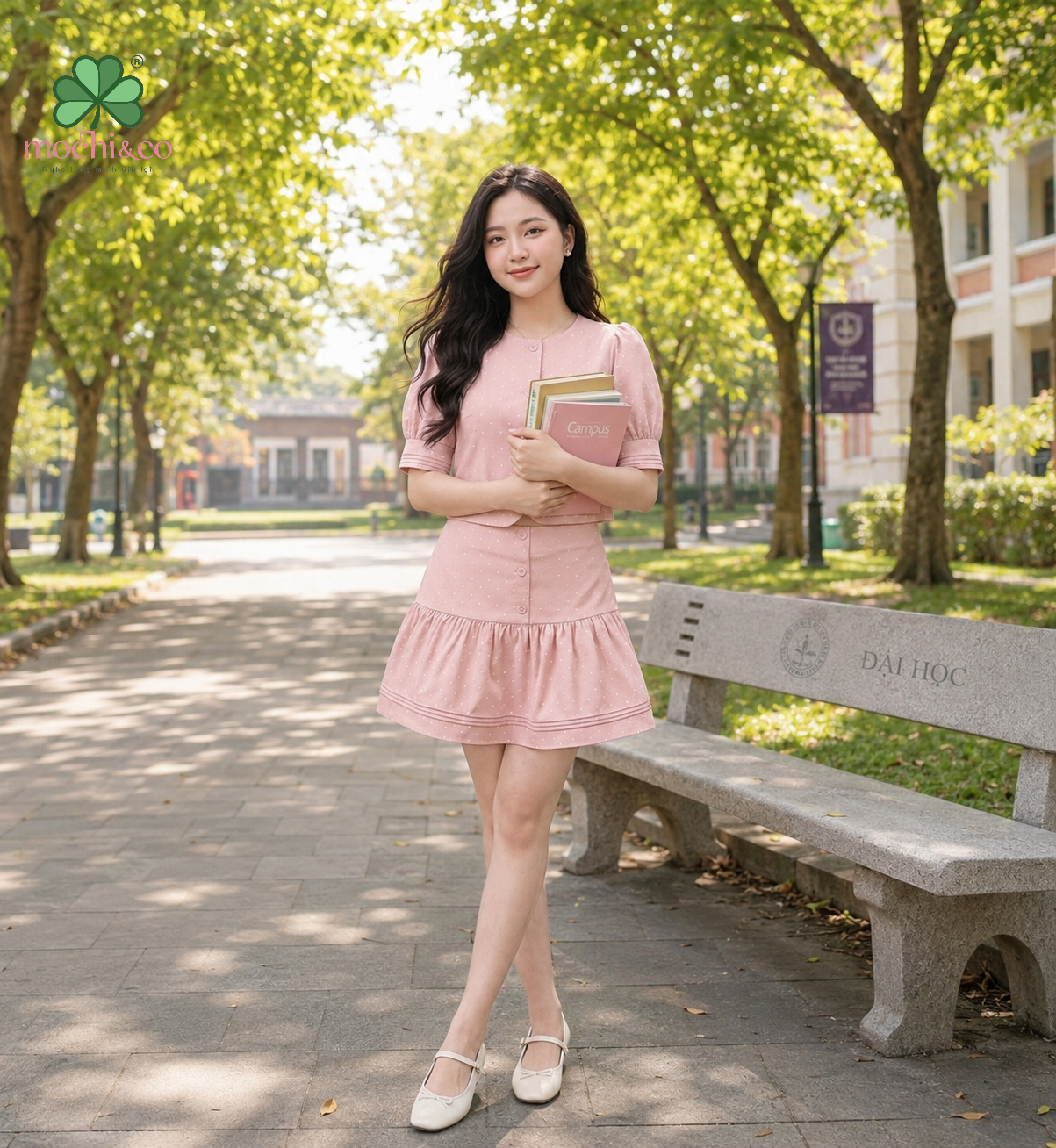 Bộ Váy Hồng Chấm Bi