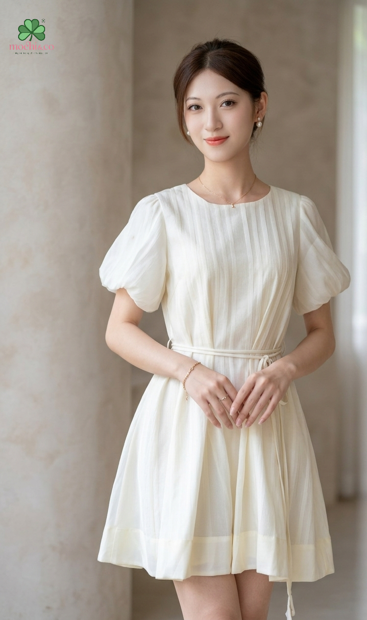 Đầm Tơ Màu Be Nhạt