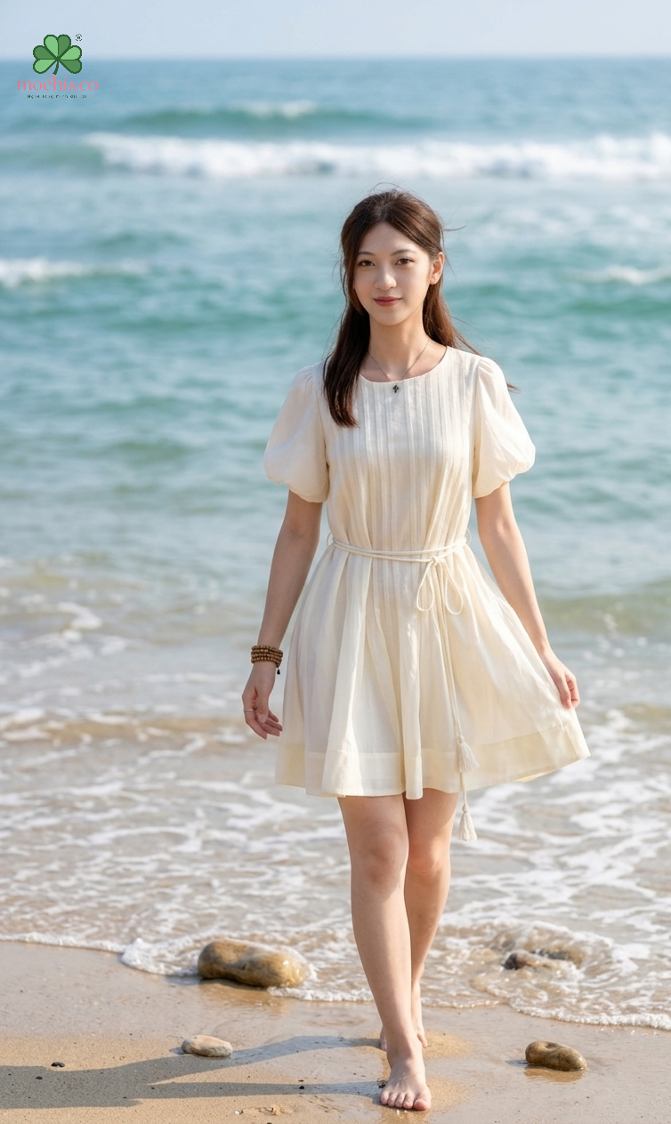 Đầm Tơ Màu Be Nhạt