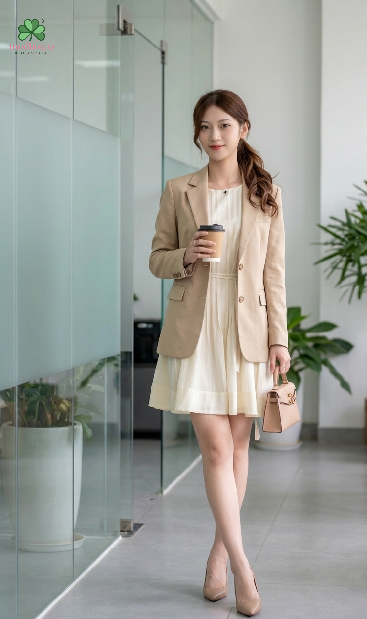 Đầm Tơ Màu Be Nhạt