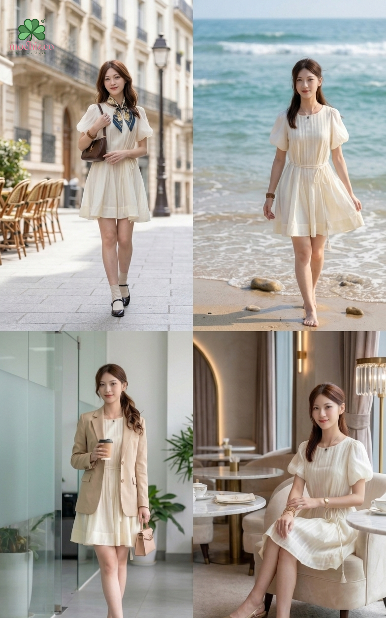 Đầm Tơ Màu Be Nhạt