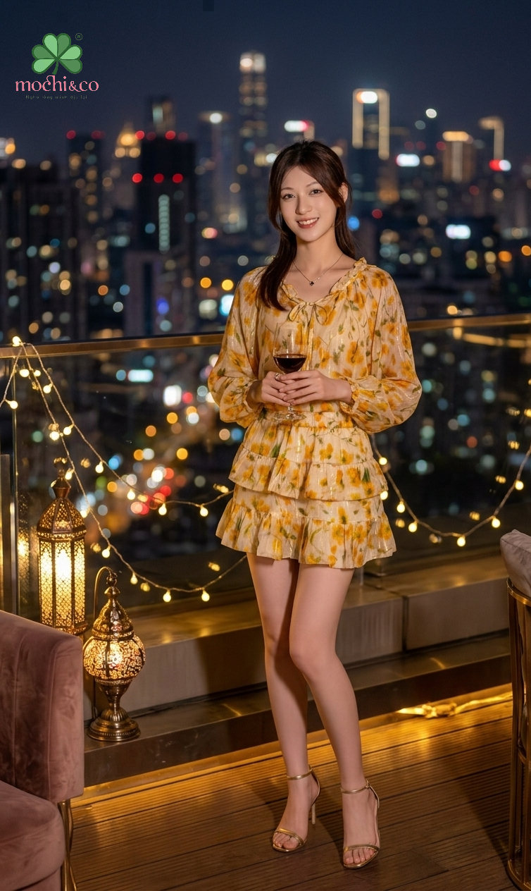 Bộ Chân Váy Ngắn Áo Cổ Bèo Hoa Vàng