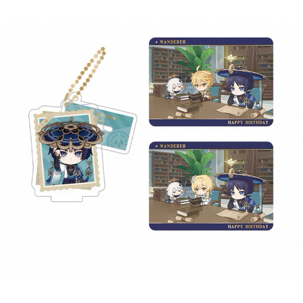 [sẵn+order] tổng hợp vật phẩm sưu tầm WANDERER chính hãng genshin impact official huy hiệu/ standee/ card/ búp bê SET 2CARD+MÓC 6CM