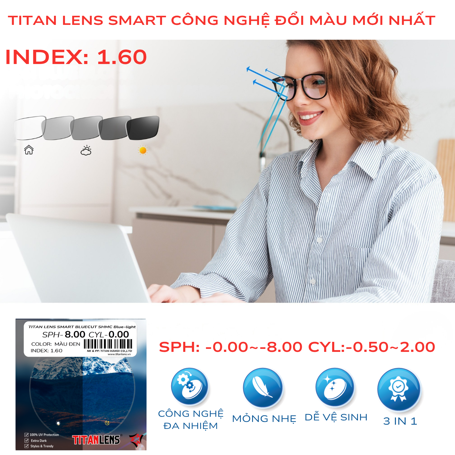 TITAN LENS SMART 1.60 BLUECUT SHMC PHOTO GRAY