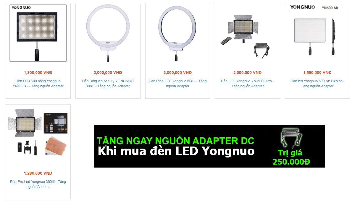Tặng nguồn Adapter DC khi mua đèn LED YONGNUO