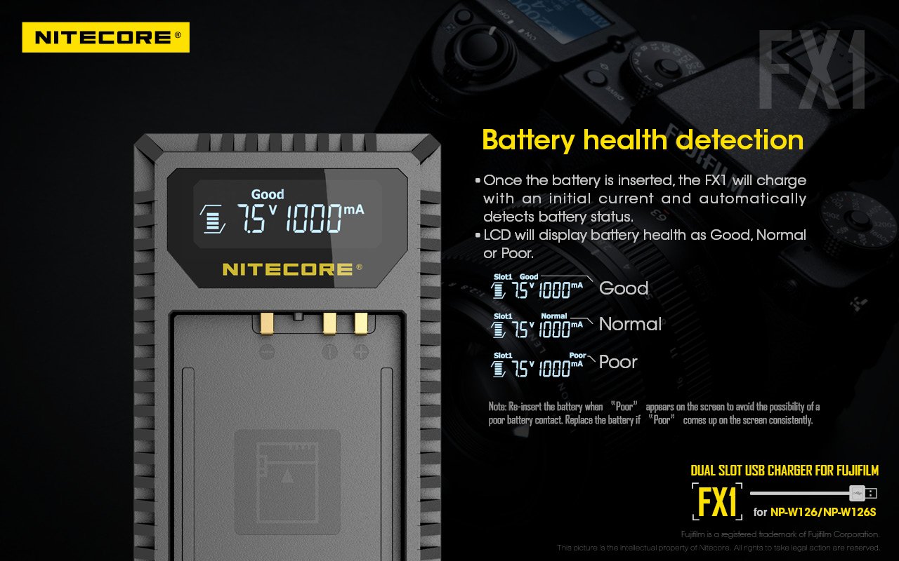 Sạc NITECORE FX1 Digital USB Camera Battery Charger Compatible with Fujifilm NP-W126 and NP-W126S Batteries