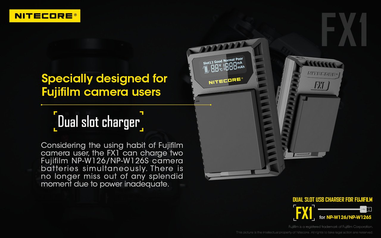 Sạc NITECORE FX1 Digital USB Camera Battery Charger Compatible with Fujifilm NP-W126 and NP-W126S Batteries