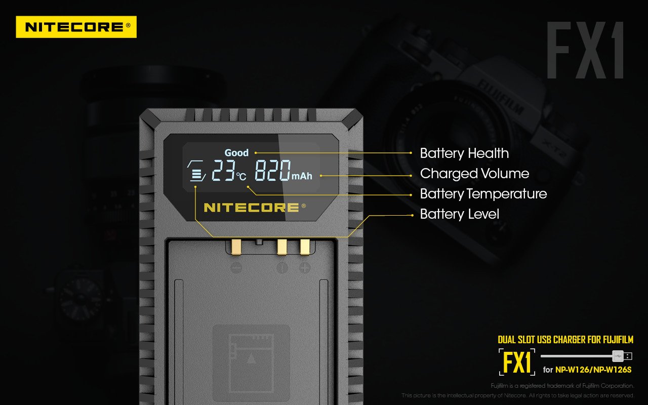 Sạc NITECORE FX1 Digital USB Camera Battery Charger Compatible with Fujifilm NP-W126 and NP-W126S Batteries