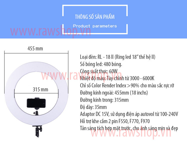 Đèn Ring led RL-18II - 60W - có khe cắm pin, chỉnh màu