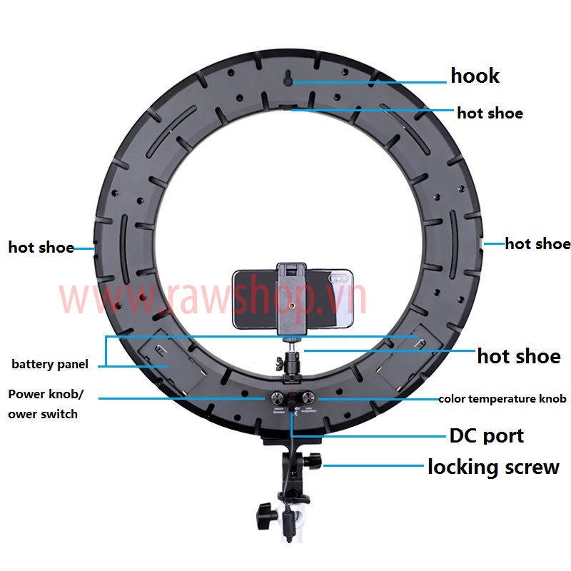 Đèn Ring led RL-18II - 60W - có khe cắm pin, chỉnh màu