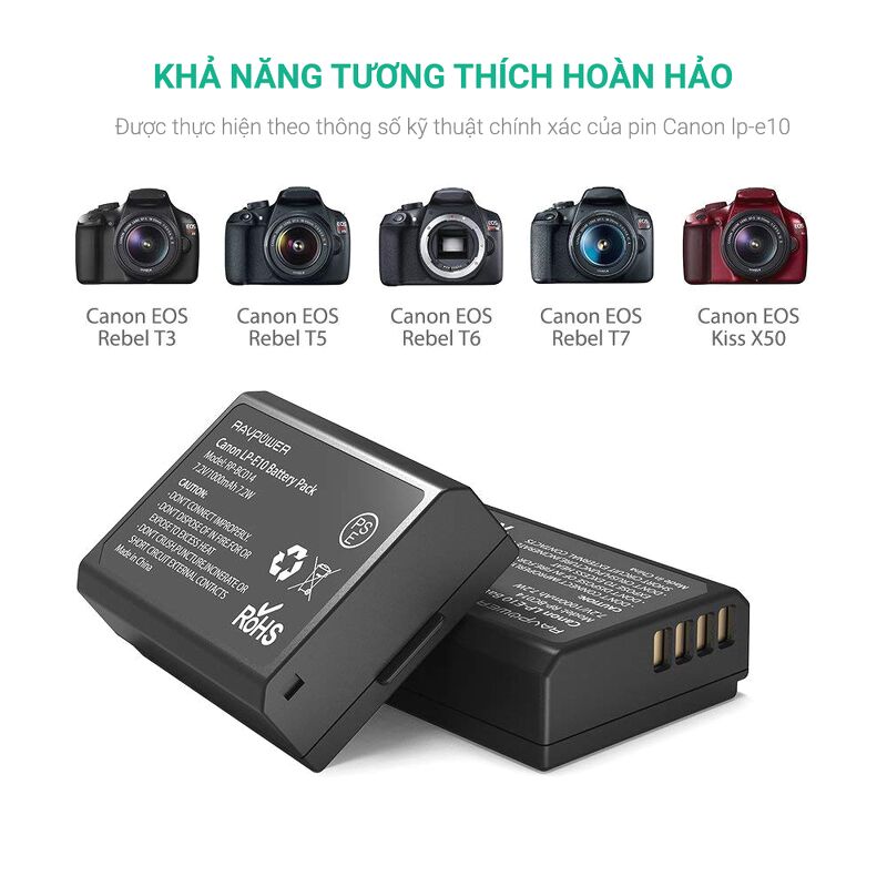 Bộ 2 pin và sạc đôi RAVpower LP-E10 (RP-BC014) for Canon - BH chính hãng 15 tháng