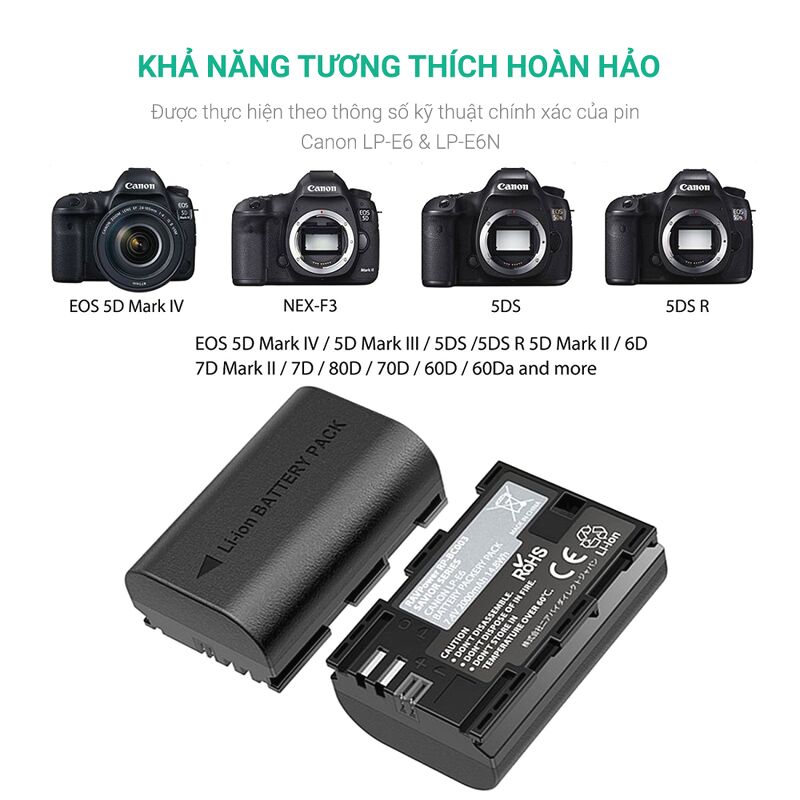 Bộ 2 pin và sạc đôi RAVpower LP-E6 (RP-BC003) for Canon - Bộ 2 pin một sạc - BH chính hãng 15 tháng