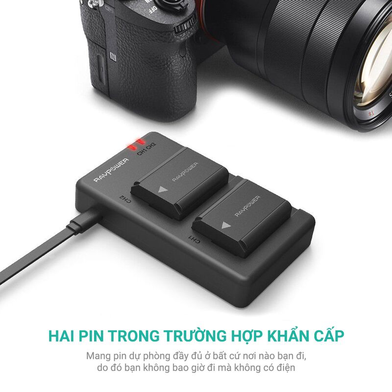 Bộ 2 pin và sạc đôi RAVpower FW-50 (PB056) for Sony - BH chính hãng 15 tháng