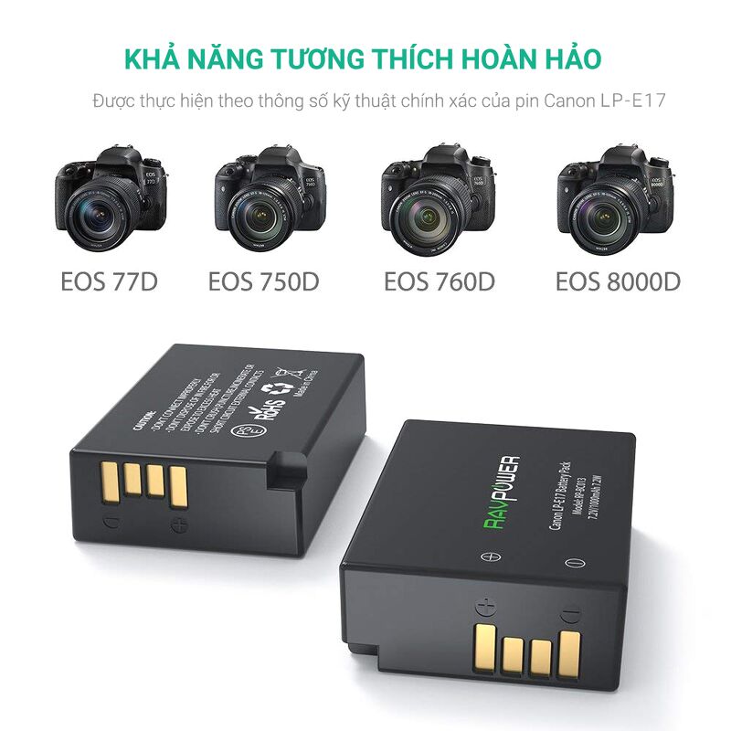 Bộ 2 pin và sạc đôi Ravpower LP-E17 (RP-BC013) for Canon - BH chính hãng 15 tháng