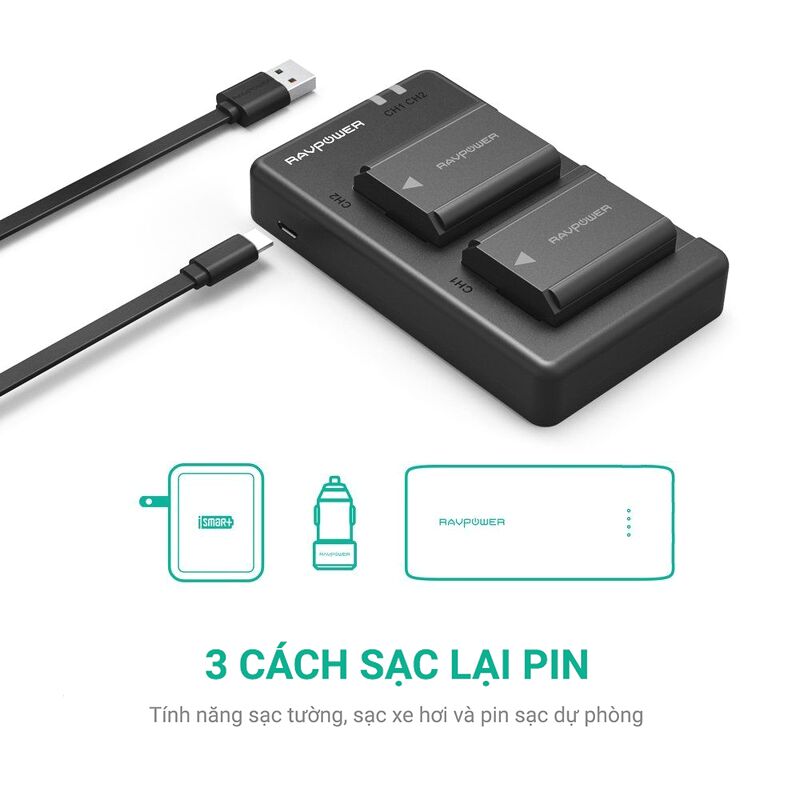 Bộ 2 pin và sạc đôi RAVpower FW-50 (PB056) for Sony - BH chính hãng 15 tháng