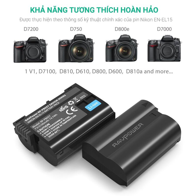 Bộ 2 pin và sạc đôi RAVpower EN-EL15, EN-EL15A (RP-PB057) for Nikon- BH chính hãng 15 tháng