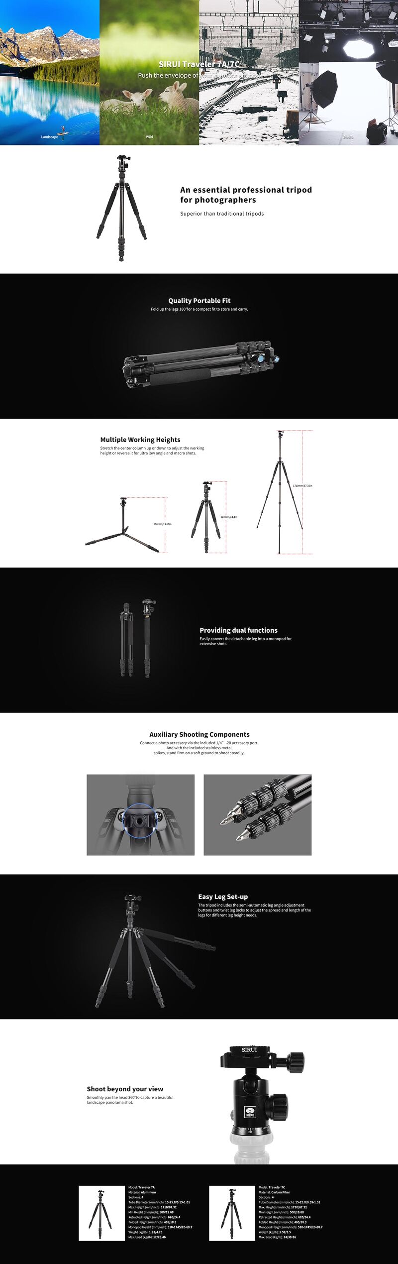 Tripod Sirui Aluminium 7A Traveler