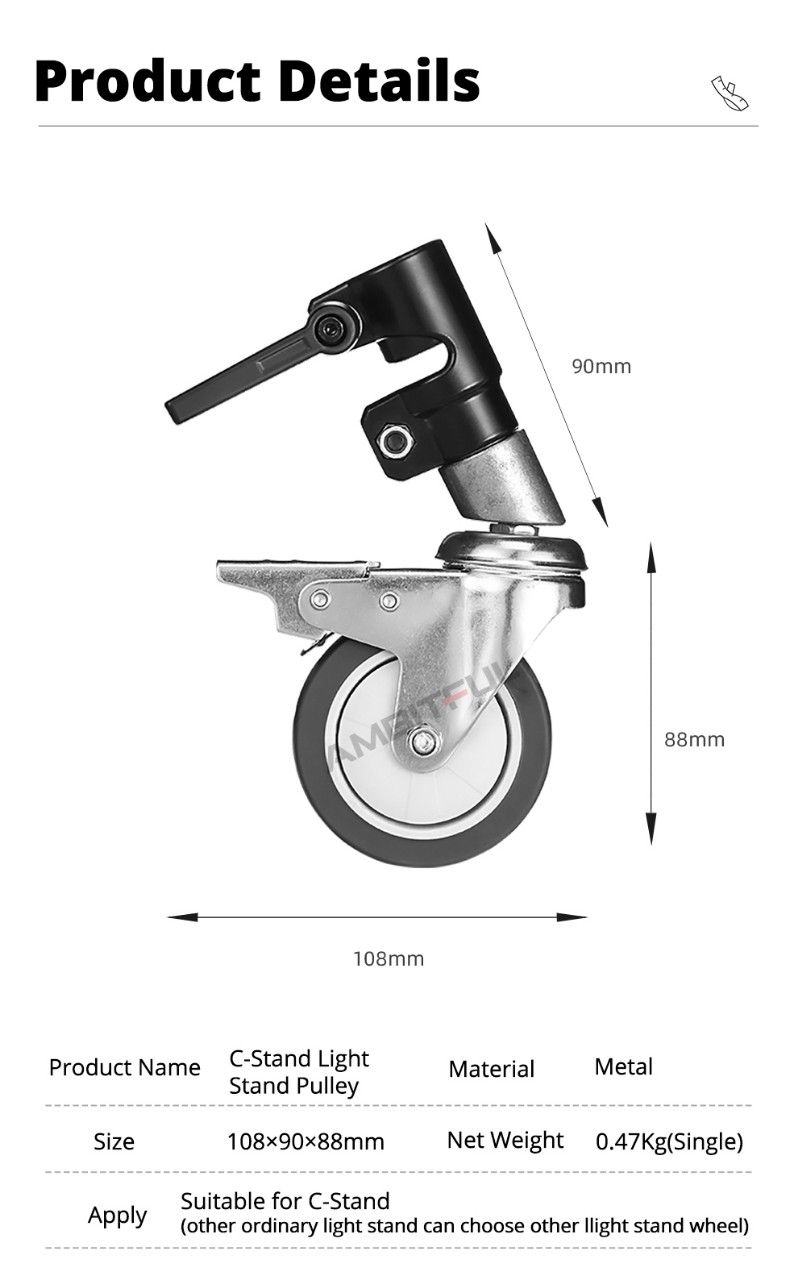 Bộ 3 bánh xe cao cấp PT25 cho chân đèn C stand CK1 CK2 CK3 (ống 25mm)