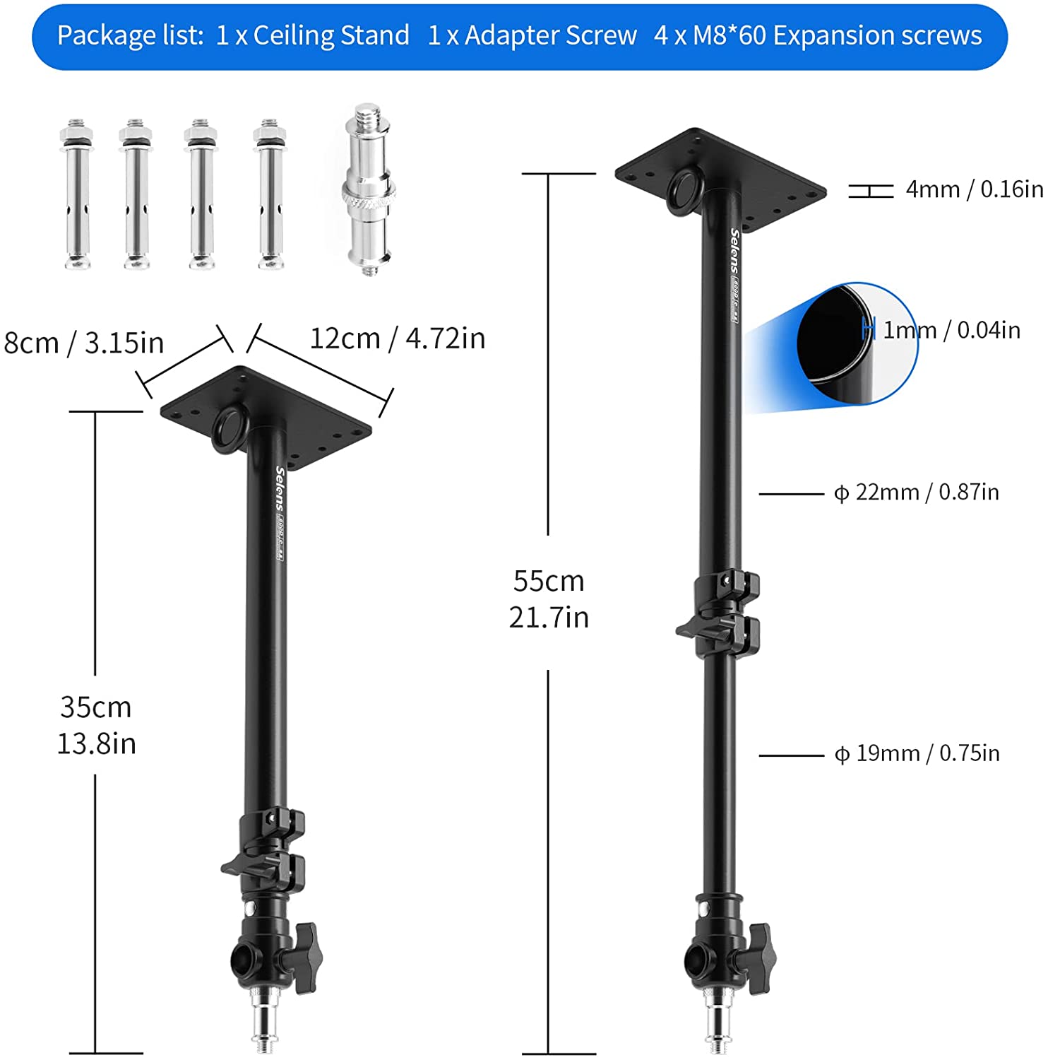 Chân đèn treo tường  / treo trần Selens dài tối đa 60cm - đầu spigot 1/4 - 3/8 rời